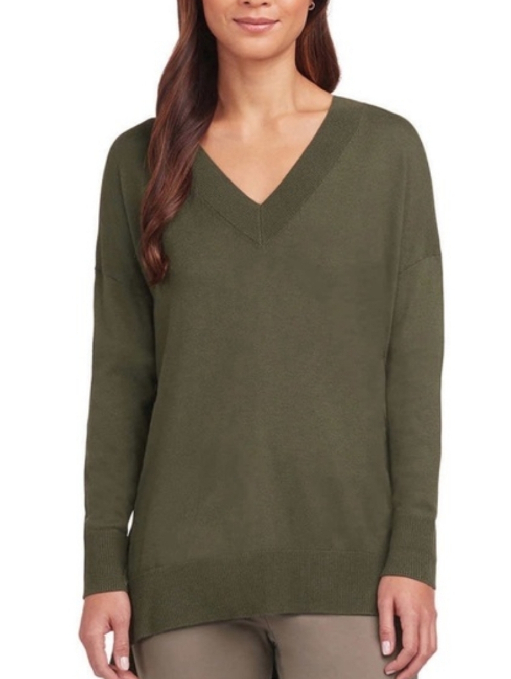 *NEW*MATTY M V-NECK SWEATER W/ SIDE SLITS. OLIVE/ SMALL